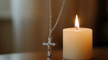 Serene composition with a silver cross necklace and a softly glowing candle, symbolizing faith, peace, remembrance, and spirituality. The warm candlelight offers solace.