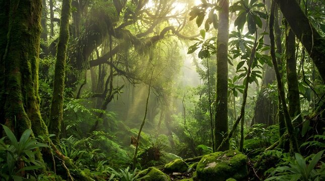 Sun rays penetrating deep green misty tropical rainforest jungle - Powered by Adobe