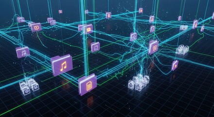 Fototapeta premium Futuristic digital network with glowing lines linking data icons and folders on an abstract grid background