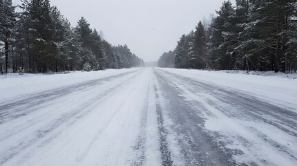 Straight snow covered road passing through dense winter forest