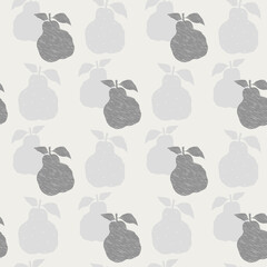 Seamless pear pattern with hand-drawn textured silhouettes in soft gray tones on Pantone Cloud Dancer background. Modern minimal fruit design perfect for fabric, packaging, kitchen decor and organic b