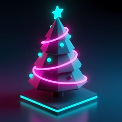 Low Poly Isometric Neon Christmas Tree Futuristic Render.