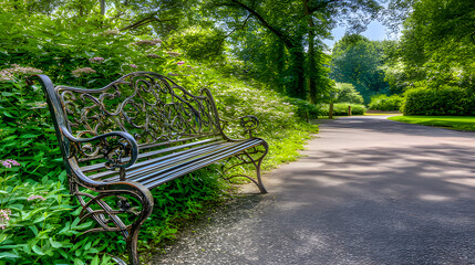 A serene park bench sits empty amidst lush greenery under natural daylight.