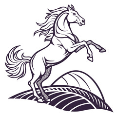 Majestic horse rearing up over rolling hills