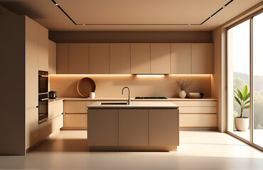 minimalist kitchen space features warm brown hue sleek cabinetry central island amidst geometric shapes lines bathed