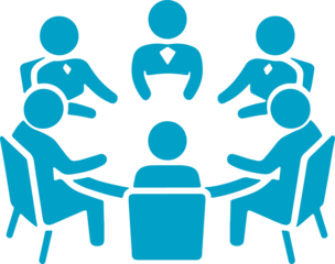 A group of stylized blue figures seated around a table on transparent background