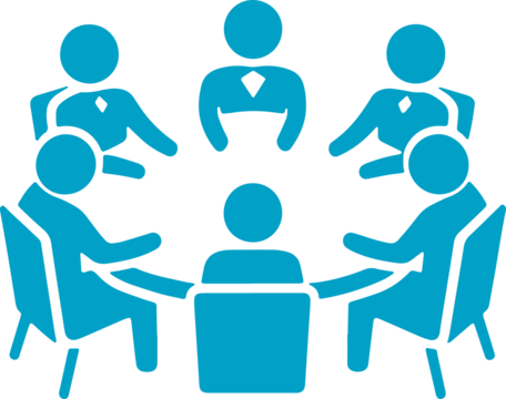 A group of stylized blue figures seated around a table on transparent background - Powered by Adobe