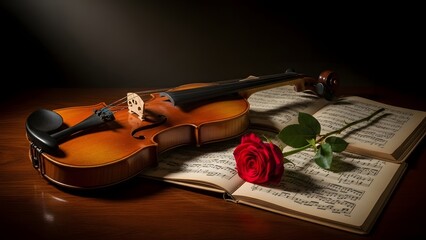 Fototapeta premium Violin and red rose on music sheets