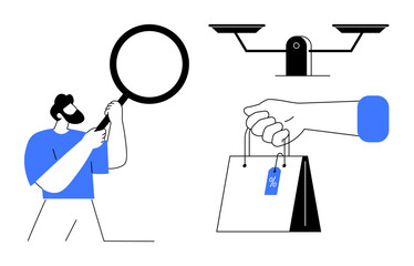 Consumer rights, retail analysis, fair trade, buying decisions, market research, business strategy. Person holding magnifying glass, balance scale and shopping bag. Consumer rights and retail