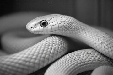 Fototapeta premium A white snake is curled and resting calmly on a flat surface in an indoor area with good lighting
