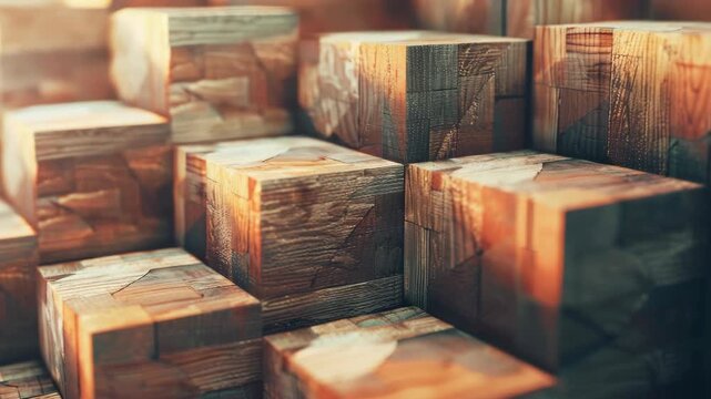 A collection of brown wooden blocks with visible grains, arranged in a scattered fashion on a textured surface. The blocks vary in size and are bathed in warm light from above.