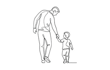 Dad and son walking together continuous one line drawing. Father's Day line art banner isolated on transparent background