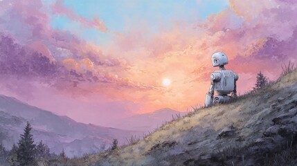 Robotic Figure Sitting on Hillside During Sunset with Colorful Sky and Mountain Landscape