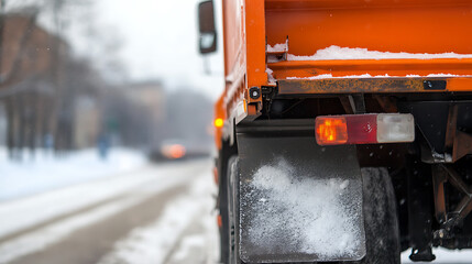Orange municipal vehicle on a snow-covered street, with its rear lights and mud flaps visible, in a muted winter setting, suggesting road maintenance during inclement weather.