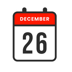 December 26 calendar icon for the twenty-sixth day, ideal for use in scheduling systems, planning tasks, reminders, and event tracking.