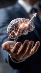 Businessperson presents glowing brain-shaped network of icons for strategic growth and innovation