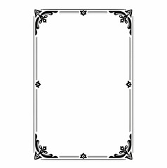 Elegant black and white decorative rectangular frame with ornate corner designs and simple border lines.