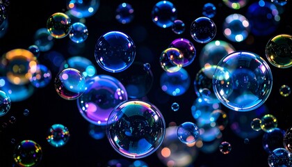 シャボン玉 泡 気泡 幻想的 虹色 カラフル 光 反射 輝き 夢 浮遊 黒 背景 マクロ 拡大 質感 丸い 円 芸術 抽象