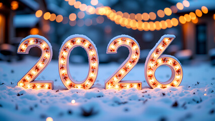 photorealistic image, landscape, cinematic. Festive illuminated street at night, celebrating, confetti falling, warm lights creating vibrant New Year&rsquo;s Eve atmosphere. Text &ldquo;2026&rdquo;.  
