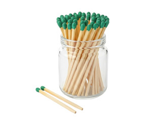 Isolated matches in glass jar, safety matches with green heads for camping and cooking indoors