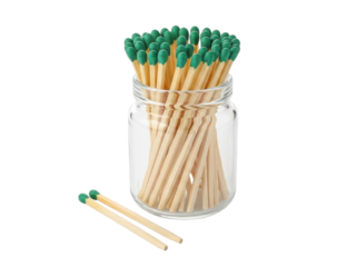Isolated matches in glass jar, safety matches with green heads for camping and cooking indoors