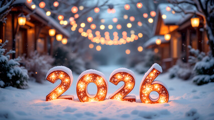 photorealistic image, landscape, cinematic. Festive illuminated street at night, celebrating, confetti falling, warm lights creating vibrant New Year&rsquo;s Eve atmosphere. Text &ldquo;2026&rdquo;.  