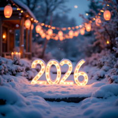 photorealistic image, landscape, cinematic. Festive illuminated street at night, celebrating, confetti falling, warm lights creating vibrant New Year&rsquo;s Eve atmosphere. Text &ldquo;2026&rdquo;.  