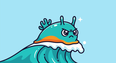 Cute cartoon sea slug riding ocean wave with angry expression.