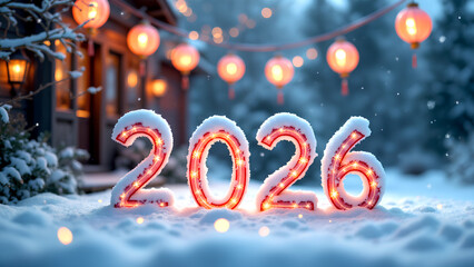 photorealistic image, landscape, cinematic. Festive illuminated street at night, celebrating, confetti falling, warm lights creating vibrant New Year&rsquo;s Eve atmosphere. Text &ldquo;2026&rdquo;.  