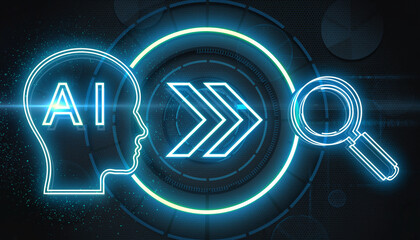 AI Concept Illustration: An eye-catching graphic visualizes the innovative world of Artificial Intelligence. with a human brain silhouette, and magnifying glass