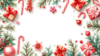 Bright Christmas and New Year frame made with fir tree branches and shining colorful decorations on white background with copy space for your design.