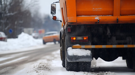 Rear view of an orange municipal snow plow truck clearing city streets in winter. A vital service ensuring road safety and accessibility amidst heavy snowfall.