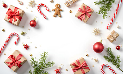 Bright Christmas and New Year frame made with fir tree branches and shining colorful decorations on white background with copy space for your design.