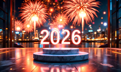 photorealistic image, landscape, cinematic. Festive illuminated street at night, celebrating, confetti falling, warm lights creating vibrant New Year&rsquo;s Eve atmosphere. Text &ldquo;2026&rdquo;.  