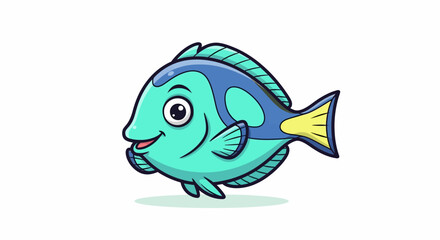 Cute Blue Tang Fish Cartoon Illustration Swimming Happily.