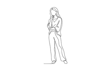 Continuous one line drawing of woman confused thinking isolated on transparent background