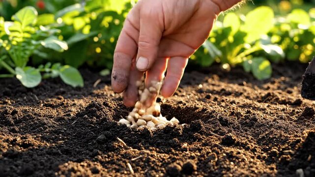 Close up senior male hand planting seeds in fertile soil with garden trowel at sunset