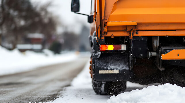 Fototapeta Snowplow on snowy road. Vehicle dedicated to snow removal. Rear view of snowplow vehicle on a snowy street ensuring safe passage during winter. Snow cleaning.