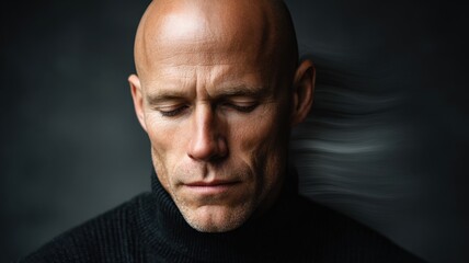 Fototapeta premium medium portrait of a bald middle-aged man with serious face, head slightly bowed in quiet resolve, moody indoor light, dark neutral background