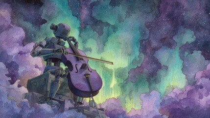 Robotic Musician Playing Cello in Colorful Cosmic Sky Scene