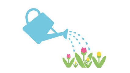 Obraz premium A blue watering can is shown watering a small patch of colorful tulips and other small plants.
