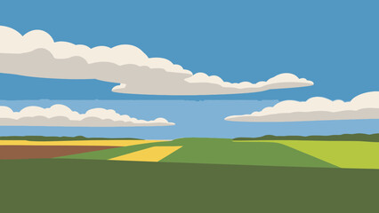 Obraz premium A stylized illustration of a vast rural landscape with colorful fields under a blue sky with white clouds.