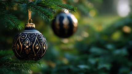 Dark green christmas tree with black and gold baubles on spruce branches, dark background, copy space, close up view, perfect for festive banner design and holiday themed layouts.