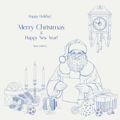 Christmas Happy New Year vintage illustration Santa Claus reading the letter gifts clock candlestick toys balls. Linear Blue beige Hand drawn Vector background for design holiday decor, greeting card