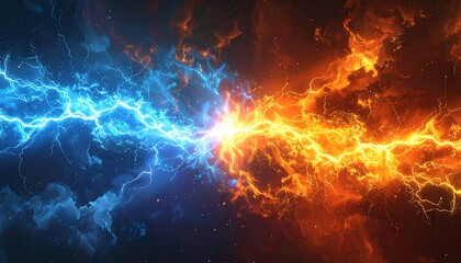Dueling energies collide blue lightning versus golden flames, in a dynamic clash against a cloudlike backdrop