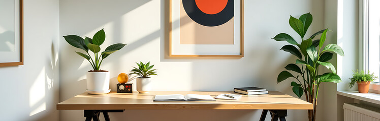 shot sleek minimalist home office desk setup soft morning light featuring bold artwork potted plants eclectic