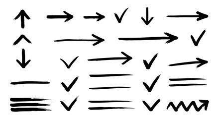Rough brush stroke directional symbols and verification marks set