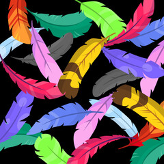 A pattern of multicolored feathers on a black background