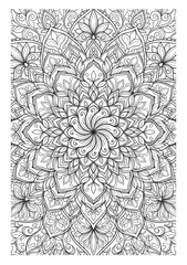 Intricate Floral Mandala Coloring Page for Adults - Black and White Vector Line Art