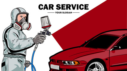 Illustration of a car painter with a spray gun, a car in the background. Inscription in the middle: car service.